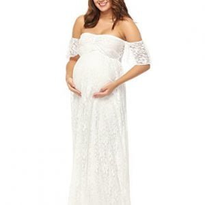 JustVH Women's Off Shoulder Ruffle Sleeve Lace Maternity Gown Maxi Photography Dress with Long Train