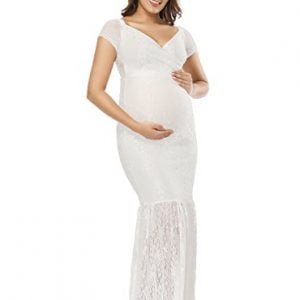 JustVH Women's Off Shoulder Short Sleeve V Neck Lace Maternity Gown Maxi Photography Dress