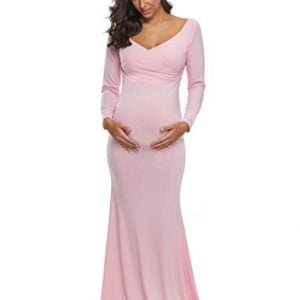 Ecavus Women's Off Shoulder Maternity Dress Slim Cross-Front V Neck Long Sleeve Gowns for Photoshoot