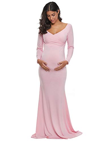 JENJON Women Maternity Dress Elegant Long Sleeve Cross-Front V Neck Off Shoulder Maxi Gown for Photography