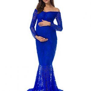 JustVH Women's Off Shoulder Long Sleeve Lace Mermaid Maternity Gown Maxi Photography Dress